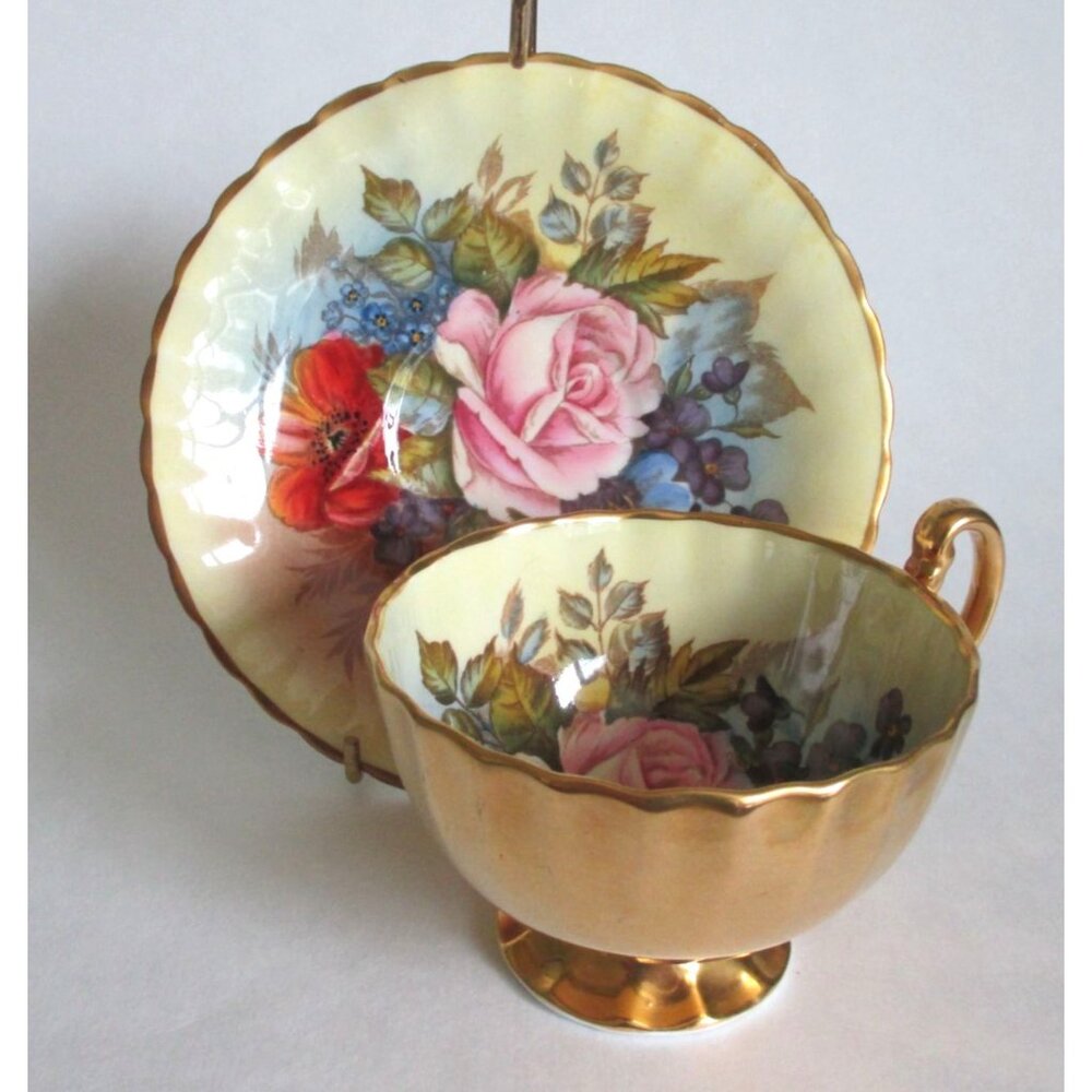 Vintage Aynsley Cabbage Rose Teacup Tea Cup Cup Saucer Bone China Artist Signed